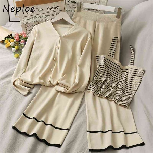 3 piece set autumn v-neck single breasted knitted cardigan + striped camis high waist wide leg pants women suit 210422, White
3 piece set autumn v-neck single breasted knitted cardigan + striped camis high waist wide leg pants women suit 210422, White