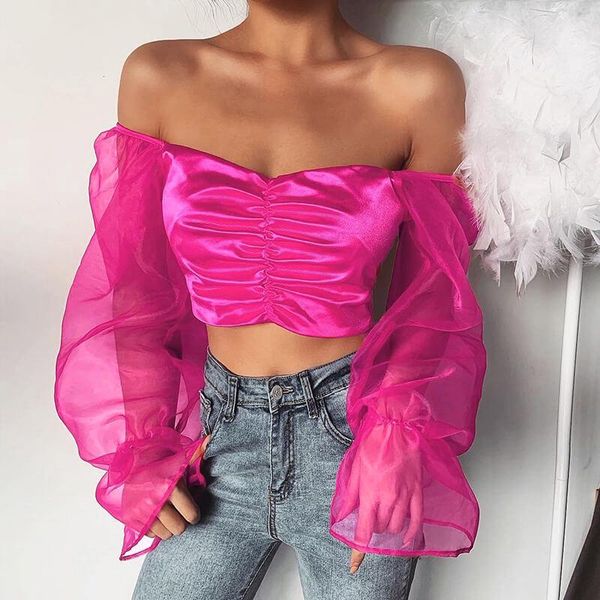 women's blouses & shirts fashion women female lace puff sleeve satin mesh thin wild slash neck party crop, White
women's blouses & shirts fashion women female lace puff sleeve satin mesh thin wild slash neck party crop, White