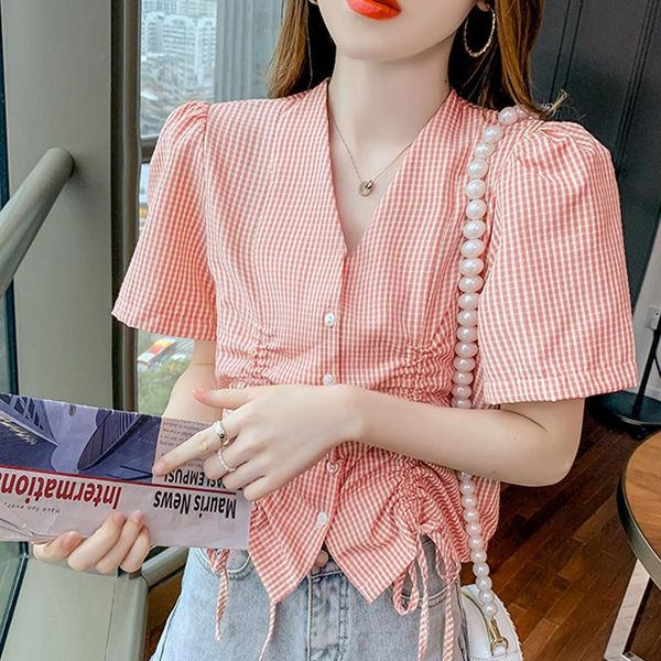 women's blouses & shirts summer plaid shirt design drawstring pleated v-neck slim pink versatile temperament niche top, White
women's blouses & shirts summer plaid shirt design drawstring pleated v-neck slim pink versatile temperament niche top, White