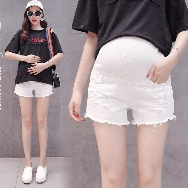 maternity bottoms spring summer denim jeans short pants casual pregnant women elastic waist trousers pregnancy shorts plus size, White