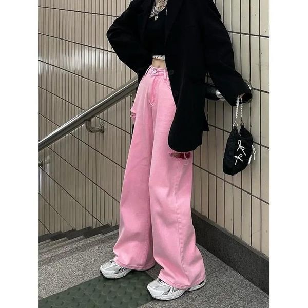 women's jeans houzhou y2k pink high waist women fashion korean style wide leg denim pants oversize hollow out loose trousers for female, Blue 
women's jeans houzhou y2k pink high waist women fashion korean style wide leg denim pants oversize hollow out loose trousers for female, Blue