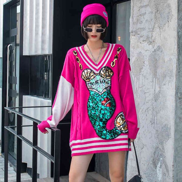 ladies in knit tide mark v-neck heavy industry sequins loose sweater will be worn jacket, White;black
ladies in knit tide mark v-neck heavy industry sequins loose sweater will be worn jacket, White;black