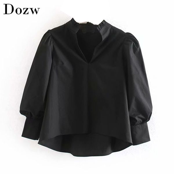 solid ruffle v neck women blouse shirt chic three quarter puff sleeve gothic loose female irregular black tunic blouse 210414, White
solid ruffle v neck women blouse shirt chic three quarter puff sleeve gothic loose female irregular black tunic blouse 210414, White