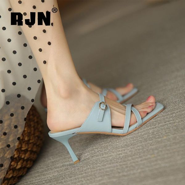 sandals rjn genuine leather summer women shoes thin heels concise stylish narrow band dressing square toe modern beautiful rl82, Black