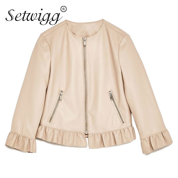 leather autumn cute women's motorcycle pu o neck ruffles bottom 3/4 sleeved faux slim beige leather short jacket, Black
leather autumn cute women's motorcycle pu o neck ruffles bottom 3/4 sleeved faux slim beige leather short jacket, Black