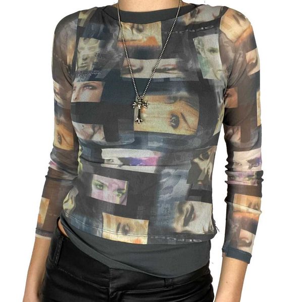 women's long 2021 sleeve screen printed t-shirt face eye top, White