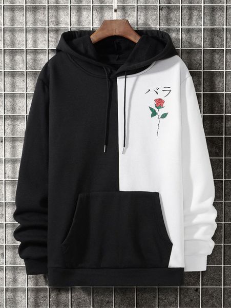men rose & japanese letter graphic kangaroo pocket drawstring thermal hoodie 70da#, Black
men rose & japanese letter graphic kangaroo pocket drawstring thermal hoodie 70da#, Black