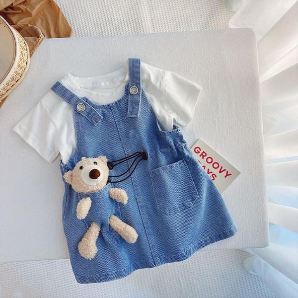 two piece children sets for girls denim strap dress t shirt with bear summer1 6t black suit skirt and top, White
two piece children sets for girls denim strap dress t shirt with bear summer1 6t black suit skirt and top, White