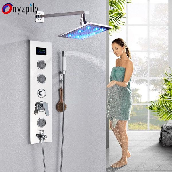 onyzpily shower panel led rainfall head rain massage system body jets & handshower stainless steel bathroom column sets
onyzpily shower panel led rainfall head rain massage system body jets & handshower stainless steel bathroom column sets