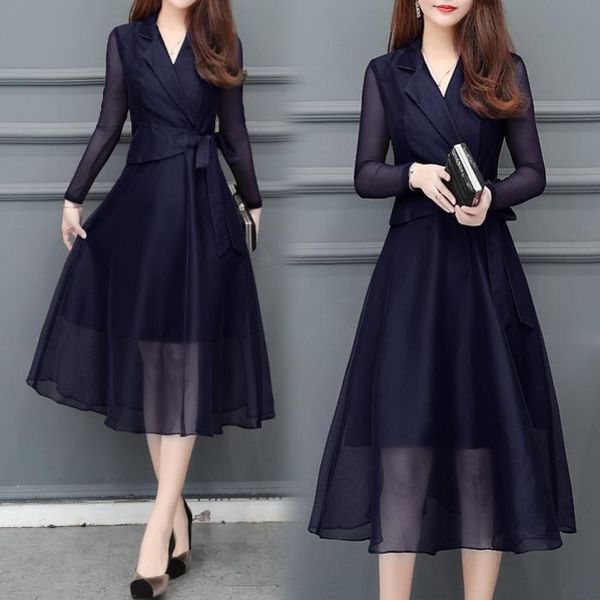 net yarn dress spring and autumn style waist slim slimming temperament high-end fashion solid color women's clothing casual dresses, Black;gray 
net yarn dress spring and autumn style waist slim slimming temperament high-end fashion solid color women's clothing casual dresses, Black;gray