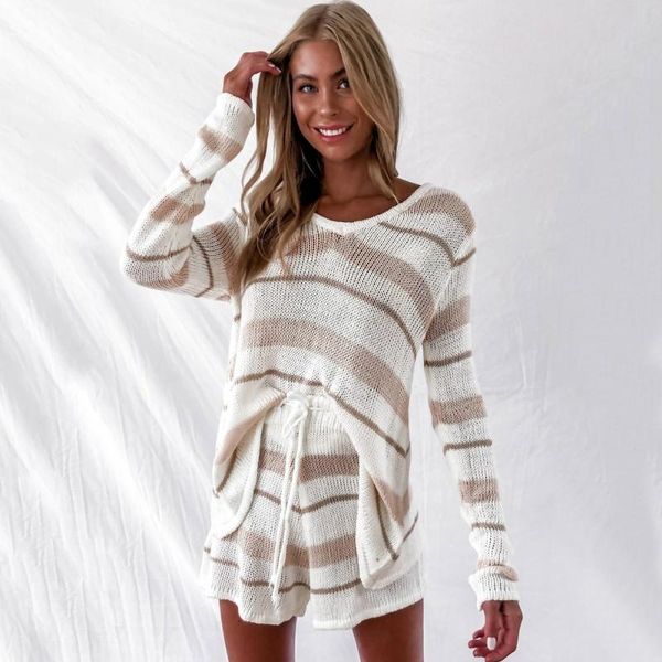 autumn casual knitted suits for women tracksuit long sleeve stripe sweater shirt + loose shorts two pieces set home wear outfits, White
autumn casual knitted suits for women tracksuit long sleeve stripe sweater shirt + loose shorts two pieces set home wear outfits, White
