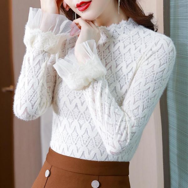 women's blouses & shirts 2021 women'a hollow out lace long flare sleeve ladies half high collar solid blouse women female basic t, White
women's blouses & shirts 2021 women'a hollow out lace long flare sleeve ladies half high collar solid blouse women female basic t, White