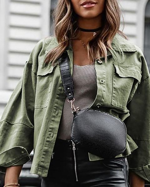 women's jackets green casual long-sleeved buttoned jacket with drawstring pocket design loose lapel short, Black;brown