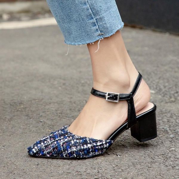 summer ladies sandals pointed toe plaid cloth chunky block square high heel ankle strap women shoes plus size 34-43, Black
summer ladies sandals pointed toe plaid cloth chunky block square high heel ankle strap women shoes plus size 34-43, Black