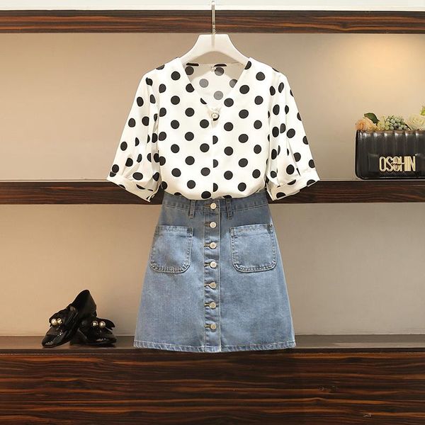 plus size 2 piece set women's and skirts polka dots chiffon blouses + single breasted blue denim jeans summer suits two dress, White
plus size 2 piece set women's and skirts polka dots chiffon blouses + single breasted blue denim jeans summer suits two dress, White