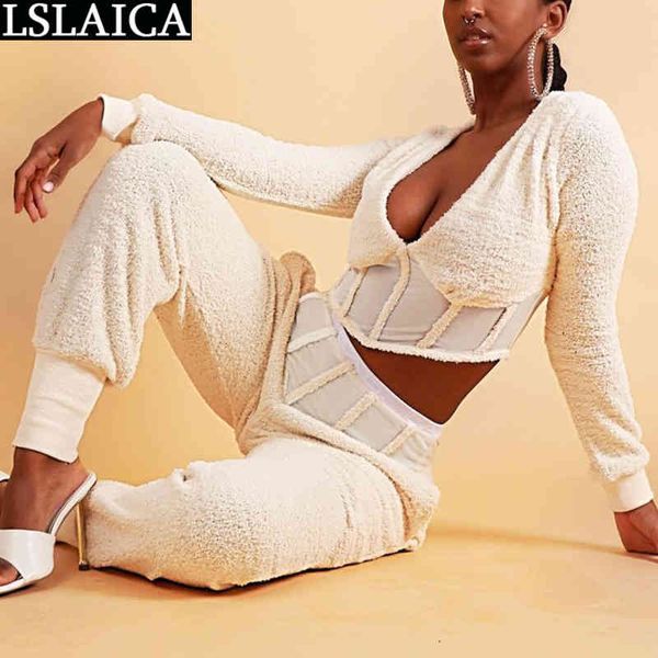 style trousers deep v lamb cashmere party 2 piece sets elastic waist slim pullover casual solid color roupas femininas 210520, White
style trousers deep v lamb cashmere party 2 piece sets elastic waist slim pullover casual solid color roupas femininas 210520, White