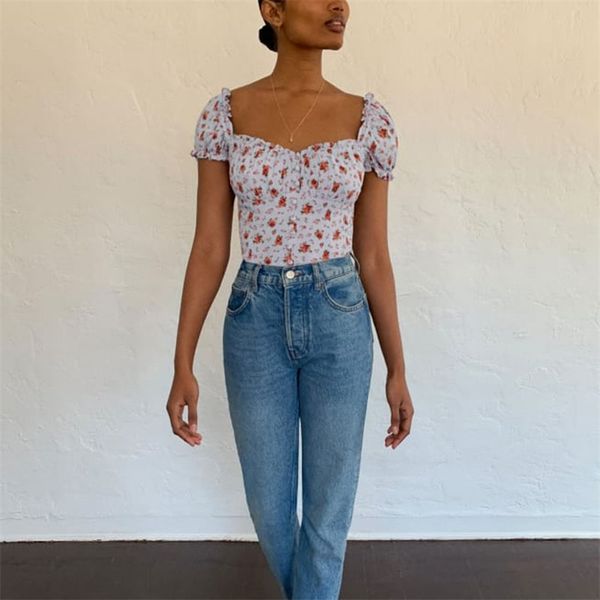 summer women's shirt casual flower printed square collar short sleeve 210430, White 
summer women's shirt casual flower printed square collar short sleeve 210430, White