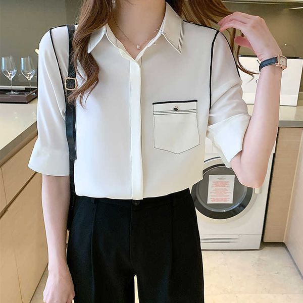 women's shirt solid blouses for women clothing white polo neck pocket office lady short sleeve basic shirts 210604
women's shirt solid blouses for women clothing white polo neck pocket office lady short sleeve basic shirts 210604