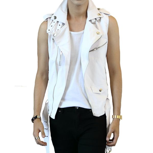 fashion leather men's sleeveless oblique zipper clothes vest style rock and roll py054, Black