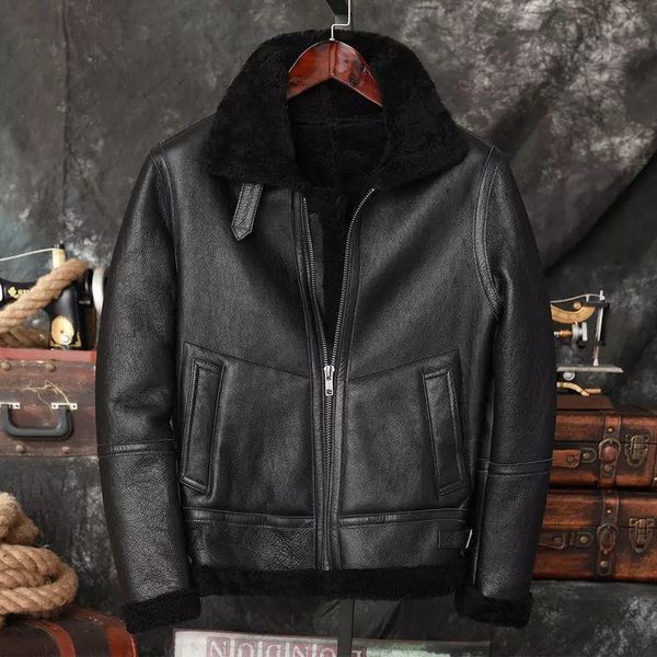 men's leather & faux winter original fur integrated sheep jacket lapel thickened warm casual coat, Black
men's leather & faux winter original fur integrated sheep jacket lapel thickened warm casual coat, Black