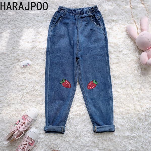 women jeans autumn spring japanese girl strawberry embroidery elastic high waist loose harlan straight trousers women's, Blue