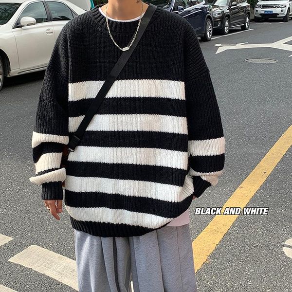 men's sweaters autumn korean couple stripe color matching crew neck sweater lazy loose fashion, White;black
men's sweaters autumn korean couple stripe color matching crew neck sweater lazy loose fashion, White;black