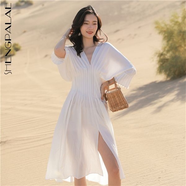 white pleated beach dress women's summer v-neck waist half sleeve knee-length dresses female tide 5e258 210427, Black;gray
white pleated beach dress women's summer v-neck waist half sleeve knee-length dresses female tide 5e258 210427, Black;gray