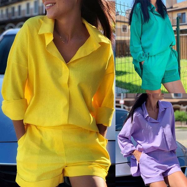 women's tracksuits women's suit 2021 summer fashion solid color loose lapel long-sleeved shirt + shorts urban casual two-piece, Gray
women's tracksuits women's suit 2021 summer fashion solid color loose lapel long-sleeved shirt + shorts urban casual two-piece, Gray
