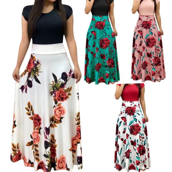 women dress short sleeves o neck patchwork dresses floral printed draped vestidos female long maxi casual robe, Black;gray
women dress short sleeves o neck patchwork dresses floral printed draped vestidos female long maxi casual robe, Black;gray