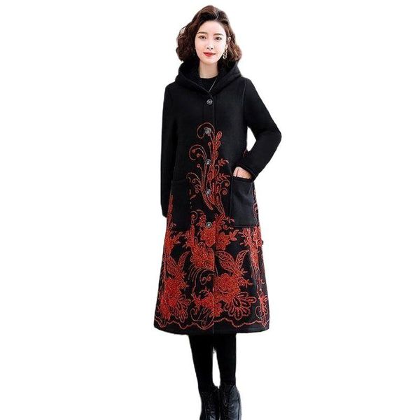 women's wool & blends 2021 autumn winter ladies woolen coat mid-length over the knee printing fashion thicken plus velvet hooded female, Black
women's wool & blends 2021 autumn winter ladies woolen coat mid-length over the knee printing fashion thicken plus velvet hooded female, Black