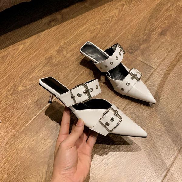 slippers women's shoes summer rivet belt buckle muller high heels stiletto pointed sandals and for women outside wear, Black
slippers women's shoes summer rivet belt buckle muller high heels stiletto pointed sandals and for women outside wear, Black