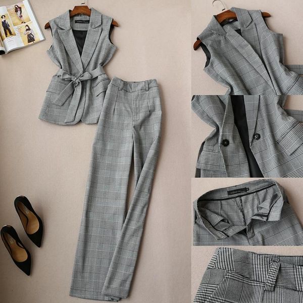 women's tracksuits spring and summer fashion suit female sleeveless vest plaid wide leg pants trousers two sets, Gray
women's tracksuits spring and summer fashion suit female sleeveless vest plaid wide leg pants trousers two sets, Gray