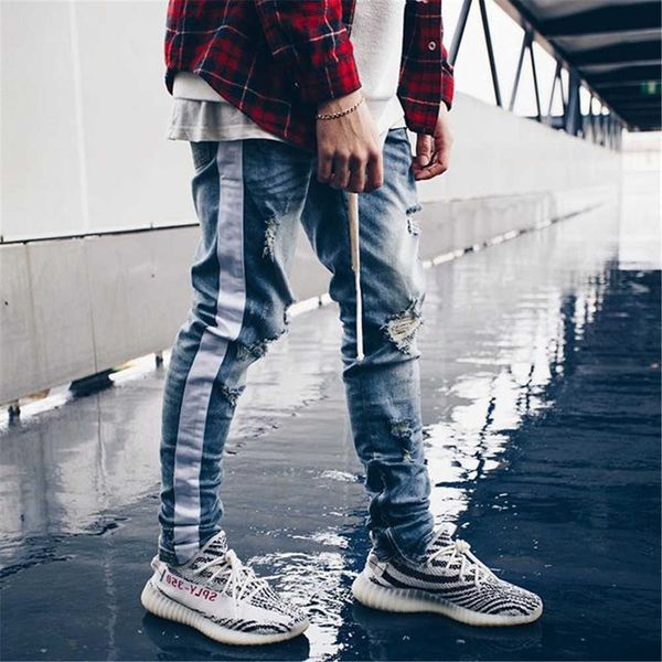 high street vintage jeans white striped rims ripped knees holes battered slim-fit side zipper trousers patchwork pants x0621, Blue
high street vintage jeans white striped rims ripped knees holes battered slim-fit side zipper trousers patchwork pants x0621, Blue