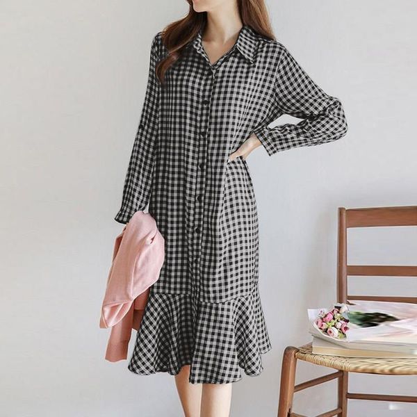 women ruffle long shirt dress autumn plaid checked vintage sundress casual elegant lapel neck sleeve ol vestido dresses, Black;gray
women ruffle long shirt dress autumn plaid checked vintage sundress casual elegant lapel neck sleeve ol vestido dresses, Black;gray