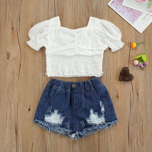 clothing sets 2021 girls solid color clothes set, puff sleeve square collar stretchy + ripped short jeans with button,2-7 years, White
clothing sets 2021 girls solid color clothes set, puff sleeve square collar stretchy + ripped short jeans with button,2-7 years, White