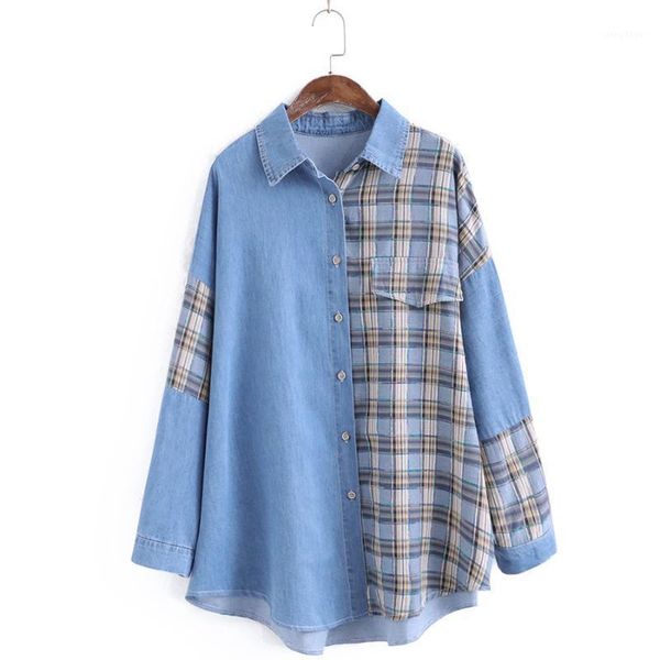 spring style korea version fashion and loose mid-long plaid splicing denim shirt lady coats long sleeve women's blouses & shirts, White
spring style korea version fashion and loose mid-long plaid splicing denim shirt lady coats long sleeve women's blouses & shirts, White