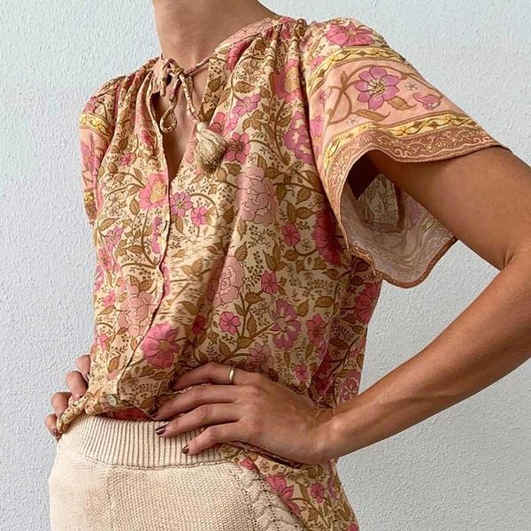 women's t-shirt peach floral short sleeve blouse women v-neck tassel cotton summer ruffle boho, White
women's t-shirt peach floral short sleeve blouse women v-neck tassel cotton summer ruffle boho, White