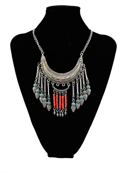 vintage bohemian tibetian plated moon shape rivet gem tassel red bead fringe pendant necklace for womens necklaces, Silver
vintage bohemian tibetian plated moon shape rivet gem tassel red bead fringe pendant necklace for womens necklaces, Silver