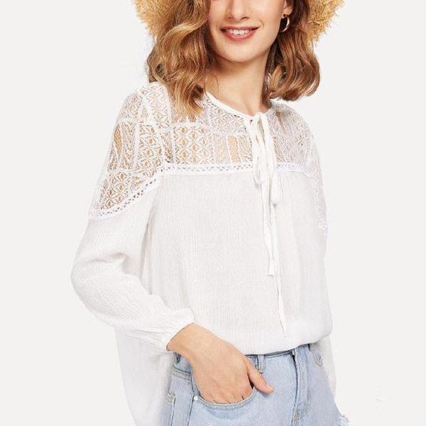 women fashion lace summer shirt 2021 long sleeve patchwork slim blouse ladies casual women's blouses & shirts, White
women fashion lace summer shirt 2021 long sleeve patchwork slim blouse ladies casual women's blouses & shirts, White