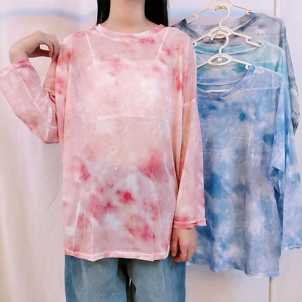 women's t-shirt summer woman tie-dyed mesh sunscreen female korean version loose round neck long sleeves tees casual thin ladies, White
women's t-shirt summer woman tie-dyed mesh sunscreen female korean version loose round neck long sleeves tees casual thin ladies, White