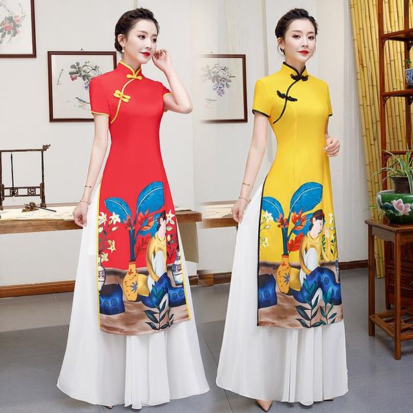 ethnic clothing 2021 retro chinese short sleeve cheomgsam women long print qipao gown dance stage performance, Red
ethnic clothing 2021 retro chinese short sleeve cheomgsam women long print qipao gown dance stage performance, Red