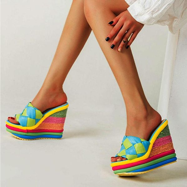 stylish summer concise mixed-color sandals high wedges rainbow women cool casual slip-on platform shoes woman, Black
stylish summer concise mixed-color sandals high wedges rainbow women cool casual slip-on platform shoes woman, Black
