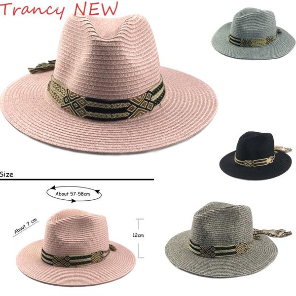 straw fedora hat la peau summer women fedoras woven classic band beach big brim panama chapeau femme wide hats, Blue;gray