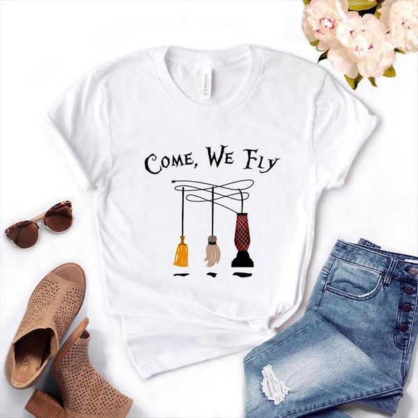 come we fly witches women broom print short sleeve o neck loose ladies causal tee, White
come we fly witches women broom print short sleeve o neck loose ladies causal tee, White