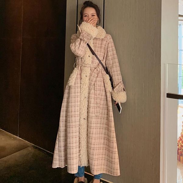 women's wool & blends plaid cotton winter style over-the-knee long korean version of cute fashion lamb velvet jacket with fur ccrrxx866, Black
women's wool & blends plaid cotton winter style over-the-knee long korean version of cute fashion lamb velvet jacket with fur ccrrxx866, Black