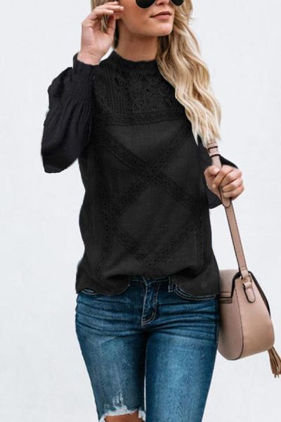 women's t-shirt fashion lace geometric stitching long-sleeved upper garment black pink o-neck women shirts, White
women's t-shirt fashion lace geometric stitching long-sleeved upper garment black pink o-neck women shirts, White