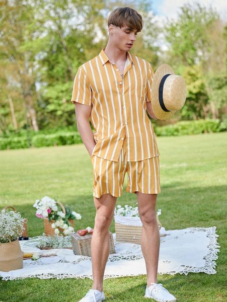 men striped print button front shirt with drawstring waist shorts v3fd#, Gray
men striped print button front shirt with drawstring waist shorts v3fd#, Gray