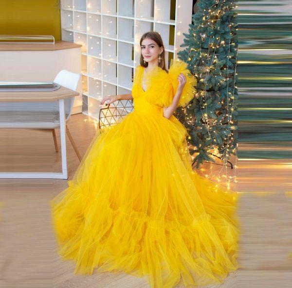 light yellow tulle maternity dressing gowns puffy sleeves deep v neck ruffles long with train custom made po shoot pregnancy casual dresses, Black;gray 
light yellow tulle maternity dressing gowns puffy sleeves deep v neck ruffles long with train custom made po shoot pregnancy casual dresses, Black;gray
