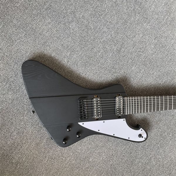 8-string electric guitar, black matte transparent black paint, neck through the body, black accessories
8-string electric guitar, black matte transparent black paint, neck through the body, black accessories