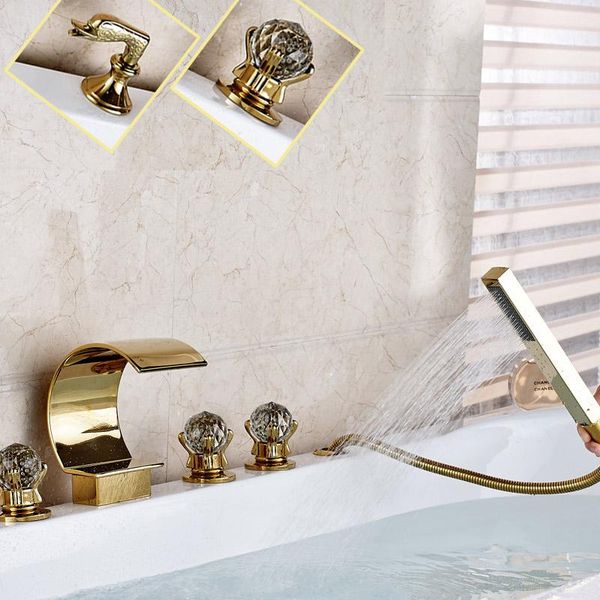 golden luxury waterfall bath tub faucet bathroom deck mounted bathtub mixer and cold water taps with hand shower sets
golden luxury waterfall bath tub faucet bathroom deck mounted bathtub mixer and cold water taps with hand shower sets